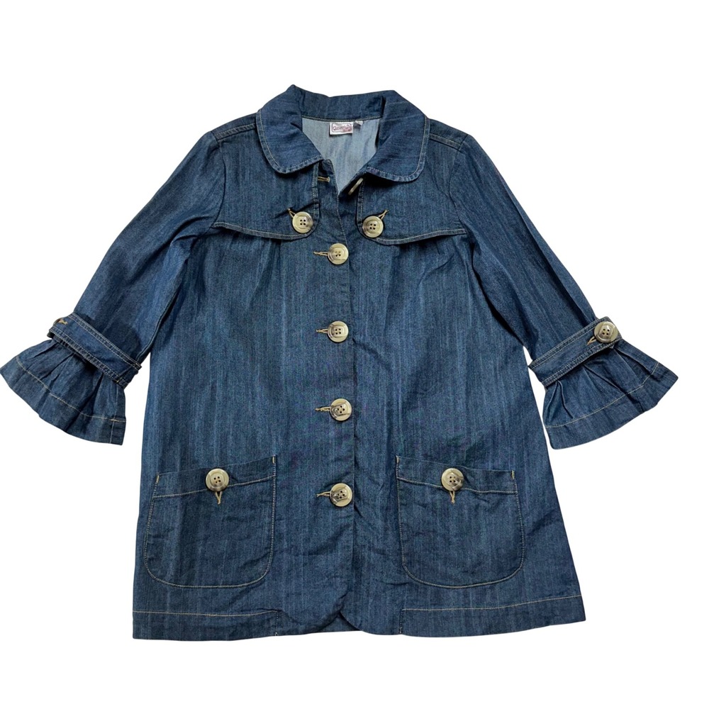 VTG Beverlys Blue Denim Swing Jacket Bell Sleeve Button Front Peter Pan Collar L